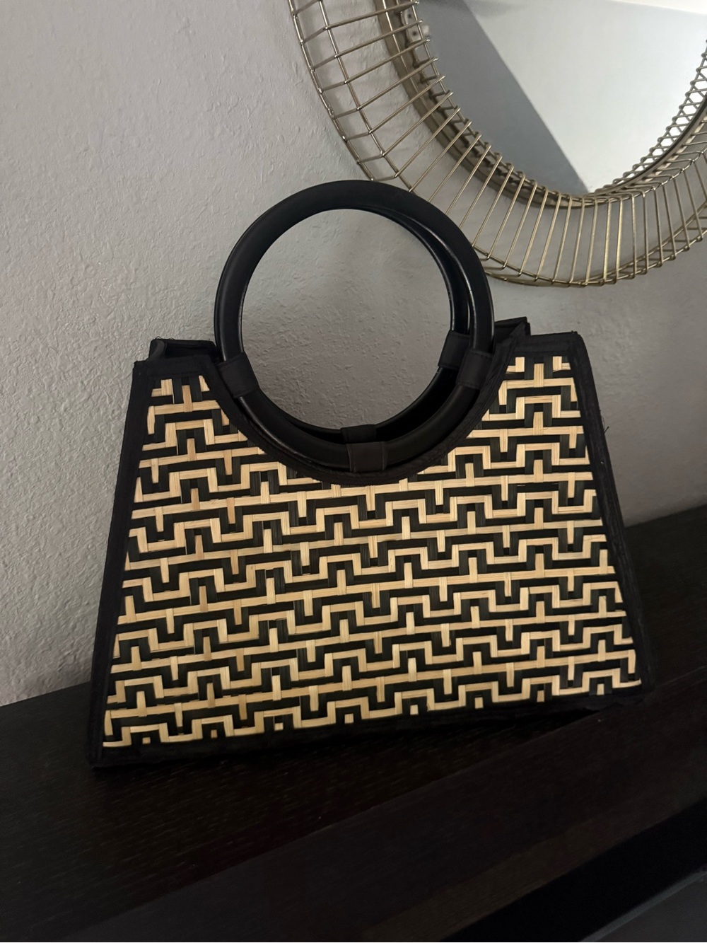 Woven Geo Pattern Tote Bag with Black Ring Handles